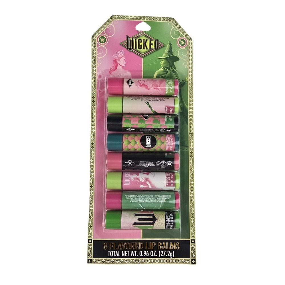 Wicked Movie 8 Flavored Lip Balm Set Glinda Elphaba Universal New Sealed